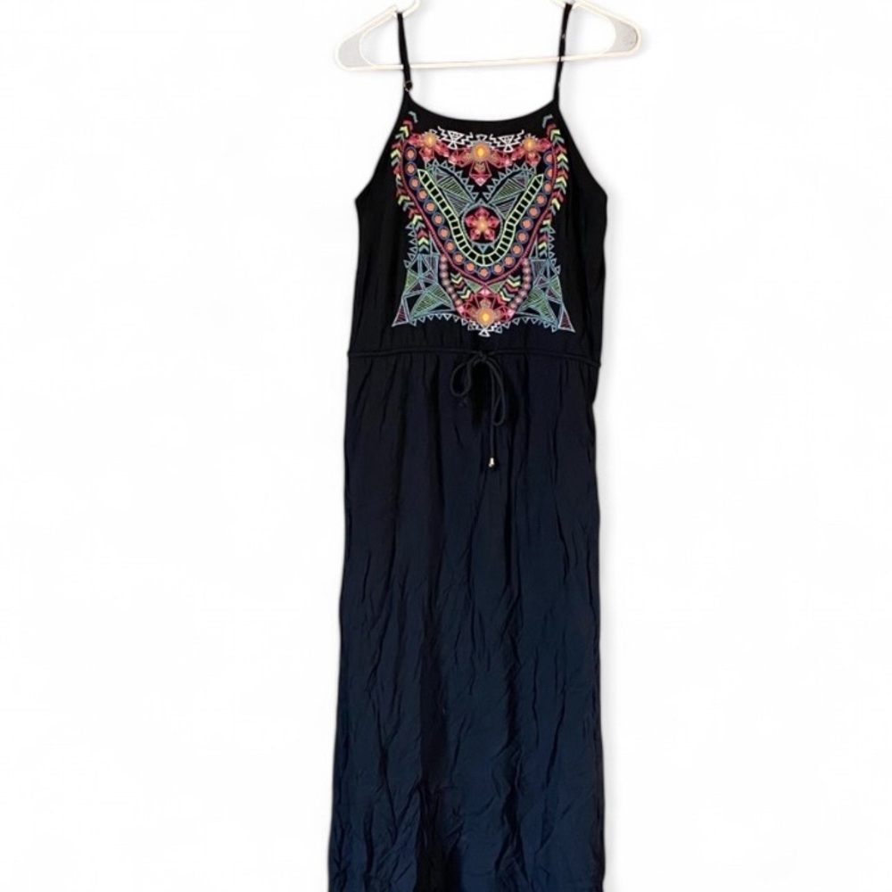 Magic Black Maxi Dress with Colorful Embroidered Front